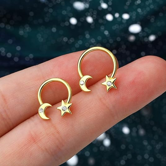 2pcs Cute 16g Gold Hoop Nipple Rings for Women 16g Moon and Star Nipple Piercing Gold Stainless Steel Nipple Jewelry 16g Horseshoe Nipple Hoop for Women