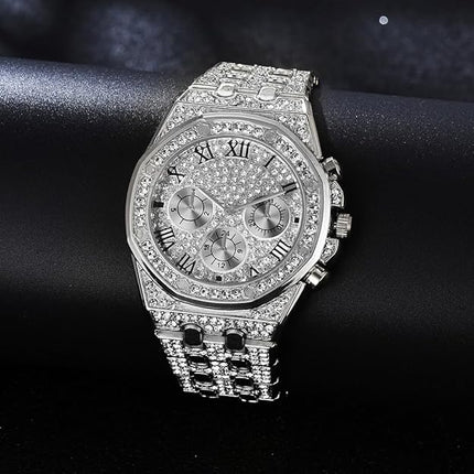 Apzzic Diamond Iced Out Watch CZ Gold Plated 40mm Width Roman Numerals Dial Quartz Wristband Watch for Men Women