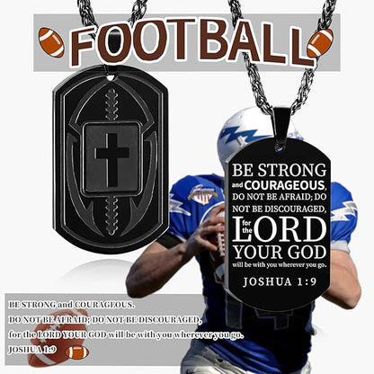 Football Bible Verse Cross Necklace for Men Stainless Steel Black Tone Cross Pendant Religious Gift Football Sports Jewelry for Men with Stainless Steel Chain 22+2 inch