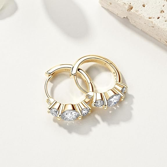 3 Stone/Solitaire Moissanite Hoop Earrings, 925 Sterling Silver Hypoallergenic Huggie Earrings for Women, D Color VVS1 Lab Created Imitation Diamond Round Cut Jewelry Gifts