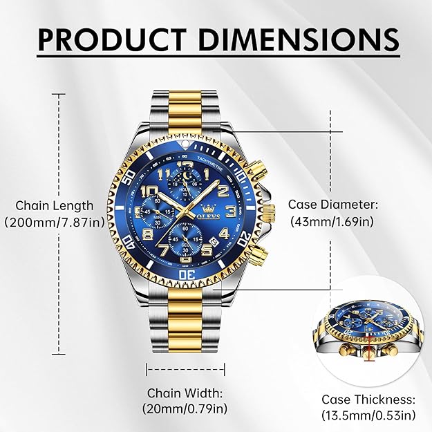 OLEVS Watches for Men Stainless Steel Dress Men Watch with Date Big Face Chronograph Waterproof Luxury Fashion Watch Blue/Black/Gold/Green/Silver Face Relojes para Hombres