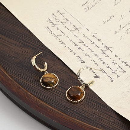 Tiger Eye Gemstone Earrings 14k Gold Plated Dangle Drop Earrings Gold Hoop Stud Earrings for Women Fashion Jewelry