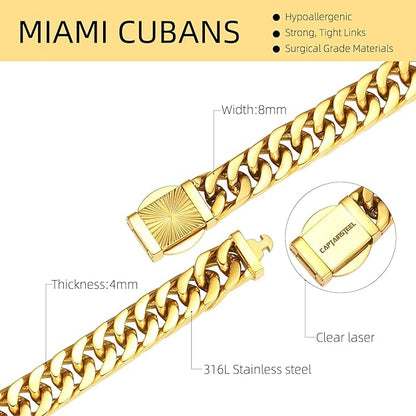 CaptainSteeL Cuban Link Chain for Men- 316L Stainless Steel 8MM Width Fashion Pattern Snap Button Hip Hop Jewelry, Chain for men 18K Gold Plated with Gift Box