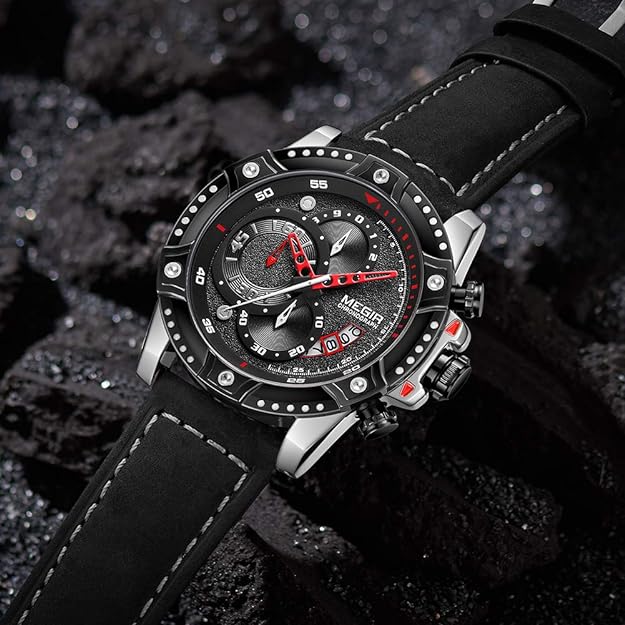 MEGIR Men's Analog Business Quartz Chronograph Watch with Fashion Big Face Leather Strap for Sports 2130