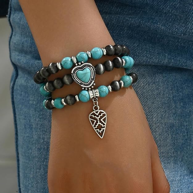 Turquoise Western Cowgirl Bracelets for Women Handmade Stackable Turquoise Beaded Stretch Bracelet Vintage Rodeo Western Jewelry Set Country Cowboy Outfit Accessories