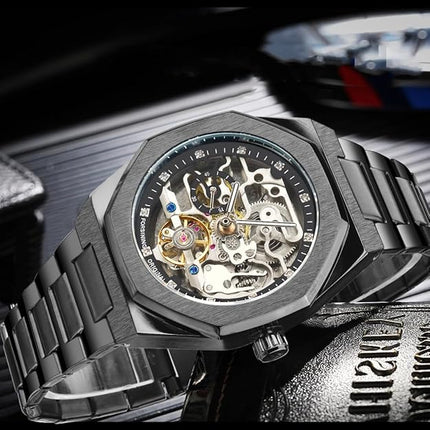 FORSINING Vintage Watch for Men Engraved Automatic Self-Wind Mechanical Big Dial Luminous Moon Phase Golden Hollow Tattoo Pattern Wrist Watches, Mechanical