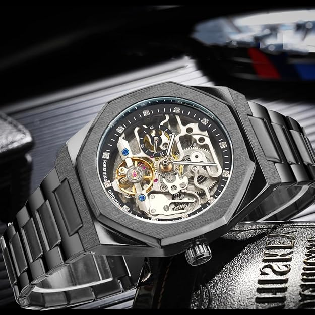 FORSINING Vintage Watch for Men Engraved Automatic Self-Wind Mechanical Big Dial Luminous Moon Phase Golden Hollow Tattoo Pattern Wrist Watches, Mechanical