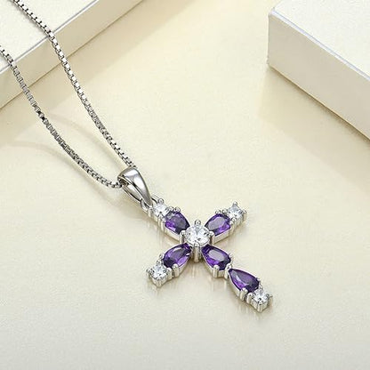 Gemstone Cross Necklace 925 Sterling Silver Created Sapphire/Ruby/Emerald/Amethyst Religious Pendant 18K White Gold Jewelry