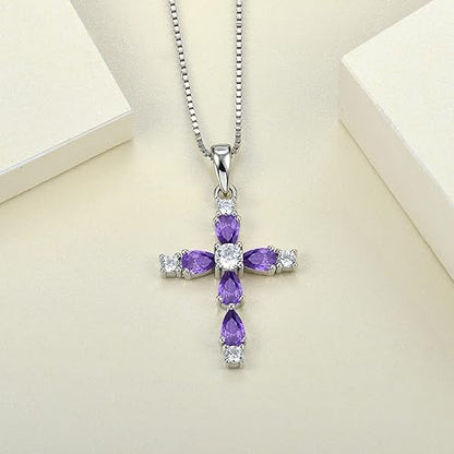 Gemstone Cross Necklace 925 Sterling Silver Created Sapphire/Ruby/Emerald/Amethyst Religious Pendant 18K White Gold Jewelry