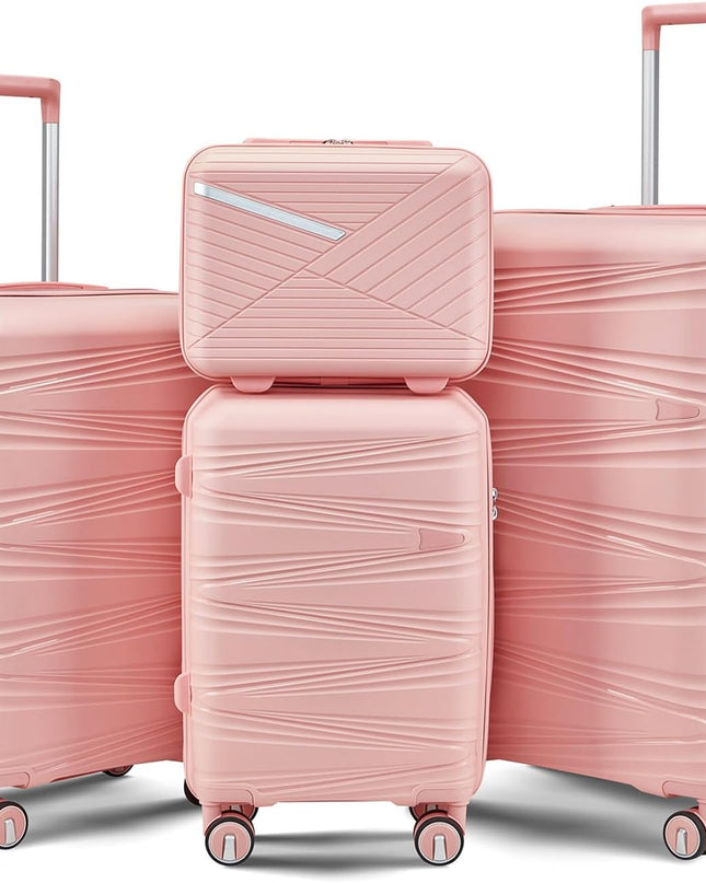 4-Piece Expandable Hardshell Luggage Set with TSA Lock (14/20/24/28) - Lightweight PP Suitcases, 360° Silent Spinner Wheels and Durable 100LB Handle for Air Travel (Pink)