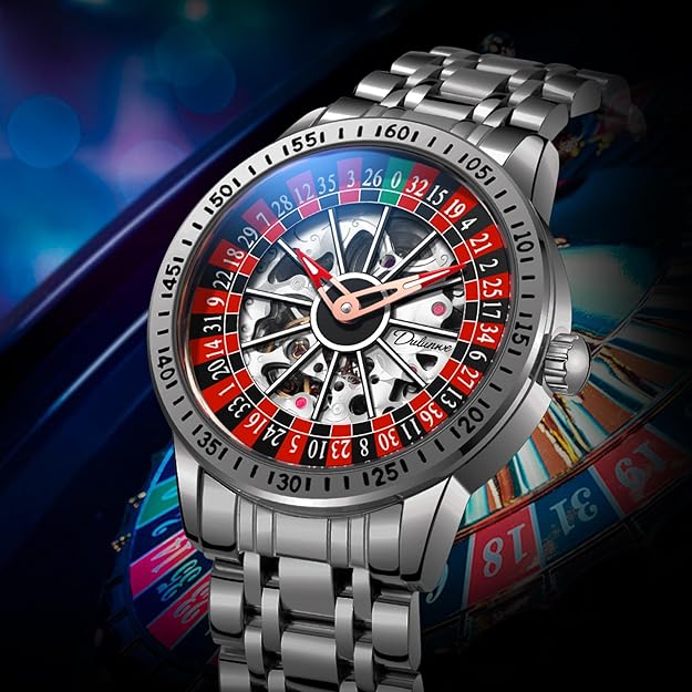 Men's Watch Automatic Hollow Mechanical Roulette Wheel Design 30M Waterproof Casual Fashion Wristwatches for Men