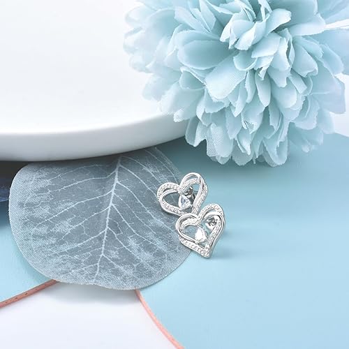 Silver Heart Earrings for Women - Sterling Silver Double Heart Stud Earrings Hypoallergenic Cubic Zirconia Heart Shaped Earrings for Sensitive Ears Fashion Love Earrings Gifts for Valentine's Day