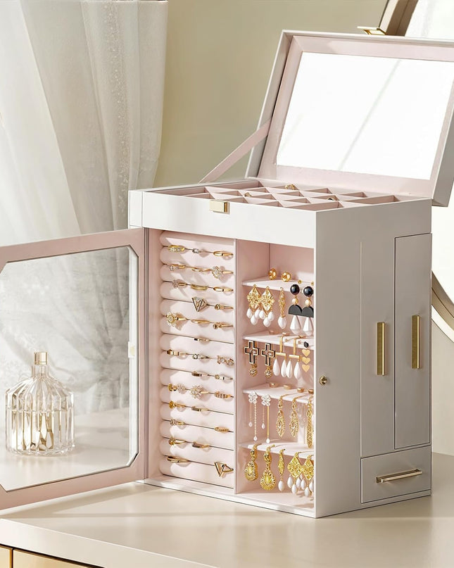 HOOBRO Jewelry Box with Mirror, Travel Jewelry Organizer with Glass Window, Vertical Storage, Christmas Gift, Gift for Loved Ones, for Earrings, Rings, Necklaces, Bracelets, White WT03JB04G2