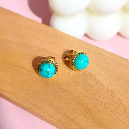 8mm Turquoise Stone Stud Earrings for Women, WGXIA Natural Green Gemstone Round Stud Earrings Handmade Jewelry for Girls