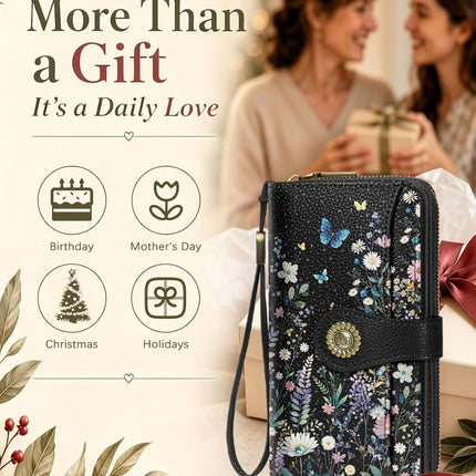 Jogjam Wristlet Women Clutch Phone Wallet, RFID Long Zip Around, Flowers