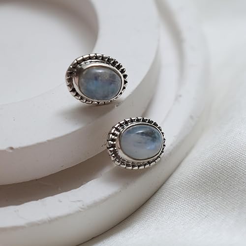 925 Sterling Silver Rainbow Moonstone Oxidised Stud Earrings, June Birthstone Crystal Earrings, Handmade Gemstone Jewelry for Girls & Women's, Trendy Silver Jewelry