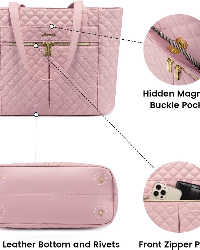 LOVEVOOK Laptop Bag for Women 15.6 inch,Diamond Quilted Work Tote Bags Womens Laptop Tote Bag Computer Shoulder Bags,Stylish Travel Tote Bag Laptop Purse Case Briefcase Handbag with Clutch Purse,Pink
