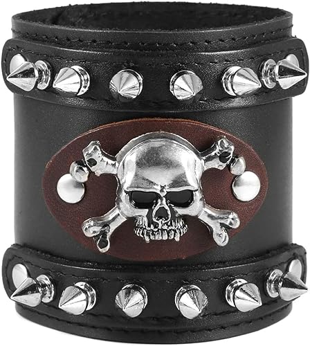 Men's Metal Rivet Skull Leather Bracelet Punk Rock Bike Style Wristband Adjustable