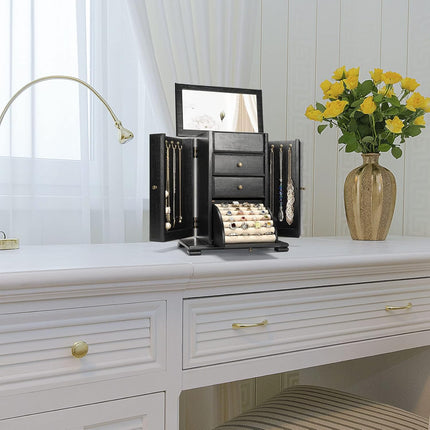 Emfogo Jewelry Box for Women, Rustic Wooden Jewelry Boxes & Organizers with Mirror, 4 Layer Jewelry Organizer Box Display for Rings Earrings Necklaces Bracelets (Black)