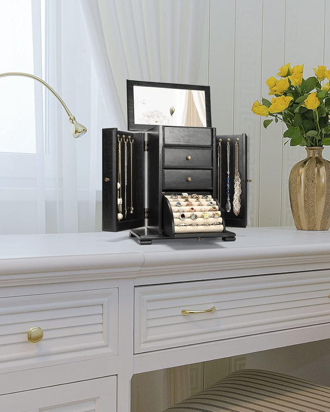 Emfogo Jewelry Box for Women, Rustic Wooden Jewelry Boxes & Organizers with Mirror, 4 Layer Jewelry Organizer Box Display for Rings Earrings Necklaces Bracelets (Black)