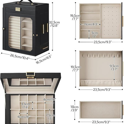 HOOBRO Jewelry Box with Mirror, Travel Jewelry Organizer with Glass Window, Vertical Storage, Christmas Gift, Gift for Loved Ones, for Earrings, Rings, Necklaces, Bracelets, Black BK03JB04G2