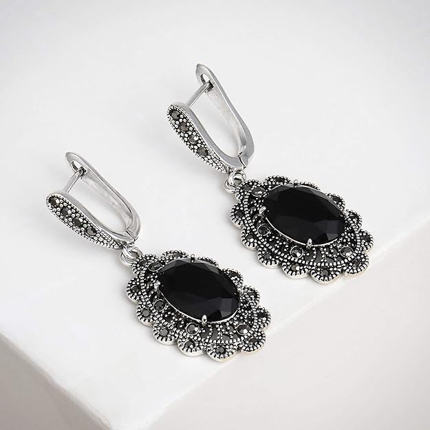 Black Marcasite Dangle Earrings for Women Vintage Black Onyx Stone Drop Earring for Women Hypoallergenic Jewelry