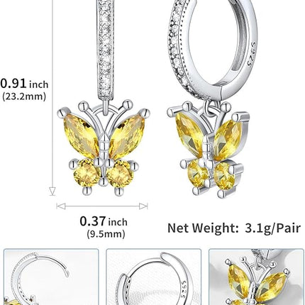 SILVERCUTE 925 Sterling Silver Butterfly Hoop Earrings - 12 Birthstone Butterfly Dangle Earrings, Cute Huggie Hoops Butterfly Jewelry for Women Teen Girls