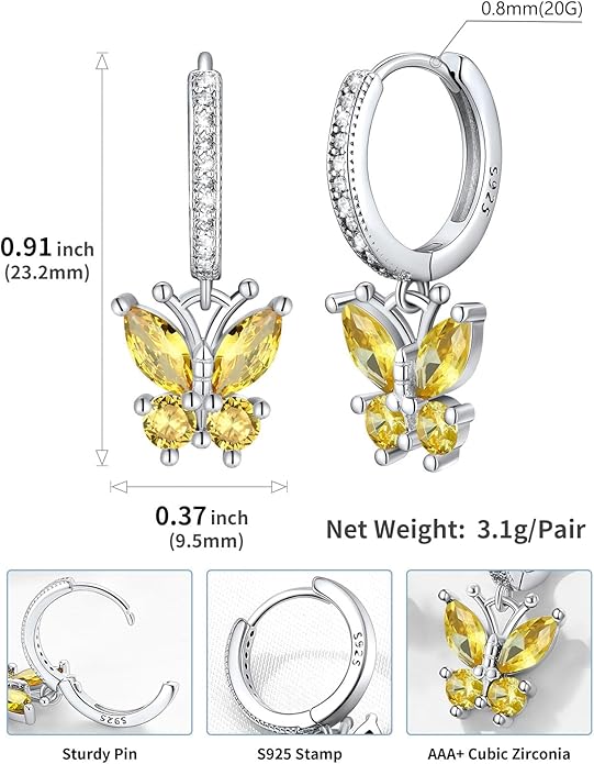 SILVERCUTE 925 Sterling Silver Butterfly Hoop Earrings - 12 Birthstone Butterfly Dangle Earrings, Cute Huggie Hoops Butterfly Jewelry for Women Teen Girls