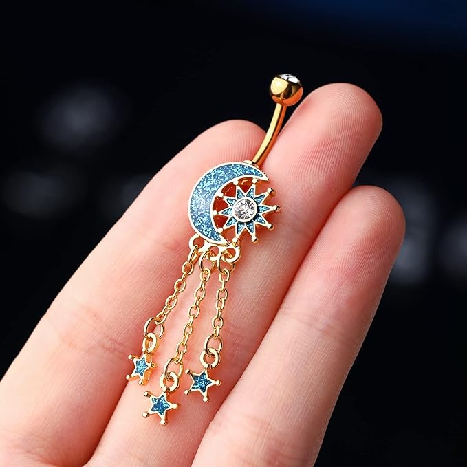 Moon Dangle Belly Button Rings for Women 14g Belly Rings Dangling Cute Nave Rings Belly Navel Piercing Jewelry