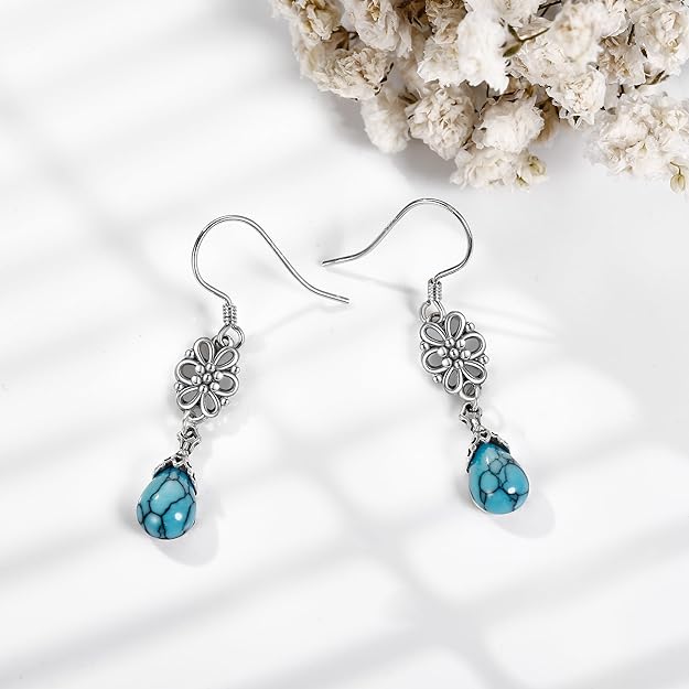 Turquoise Dangle Earrings for Women Sterling Silver Western Teardrop Bohemian Earrings Turquoise Jewelry Gifts for Women