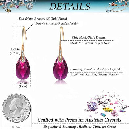 Austrian Crystal Teardrop Dangle Earrings for Women Drop Hook Earring 14K Rose Gold Plated Hypoallergenic Jewelry