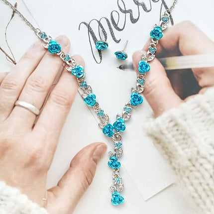 Rose Flower Necklace Earrings Set Crystal 3Pcs Bridal Flower Pendant Necklace Chain Studs Floral Wedding Jewelry for Women Girls Bride Bridesmaids