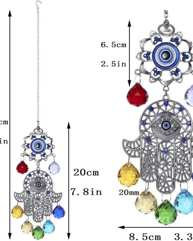 Hamsa Hand with Blue Evil Eye Protection Hanging Crystal Ornament with Chakra Energy Crystal Balls