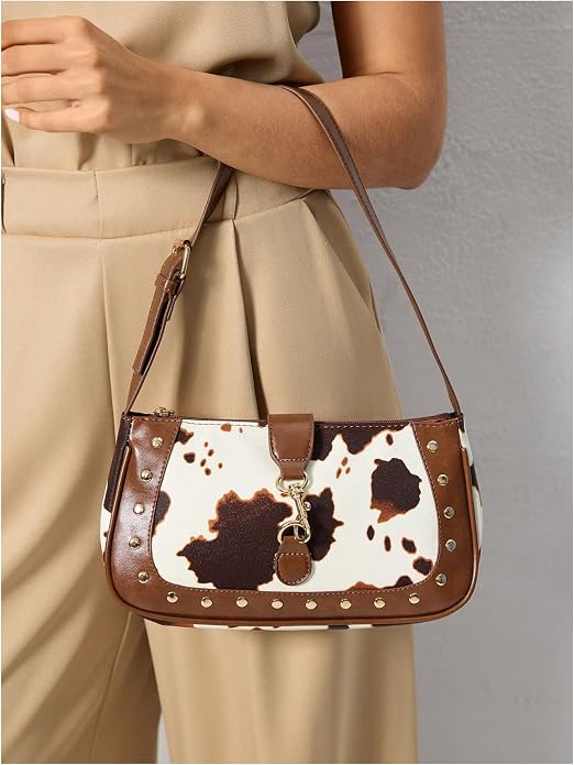 Y2k Western Cowgirl Shoulder Bag Rivet Animal Print Bag Zipper Faux Pu Leather Clutch Purse Vintage Handbag