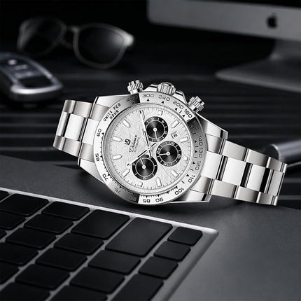 MASTOP Pagani Design Automatic Mechanical Watch for Men, Stainless Steel Wristwatch with Calendar&24H&Week&Mouth, Mineral Glass, Waterproof Business Dress Watch