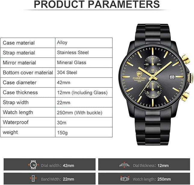 GOLDEN HOUR Fashion Business Mens Watches with Stainless Steel Waterproof Chronograph Quartz Watch for Men, Auto Date