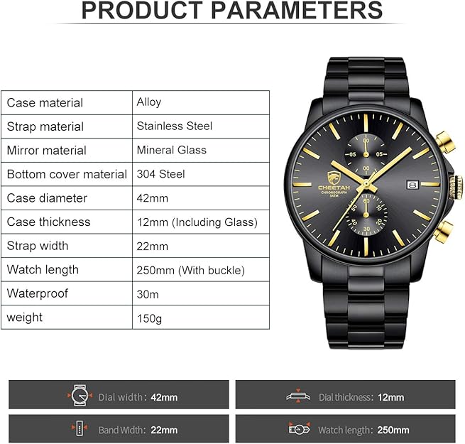 GOLDEN HOUR Fashion Business Mens Watches with Stainless Steel Waterproof Chronograph Quartz Watch for Men, Auto Date