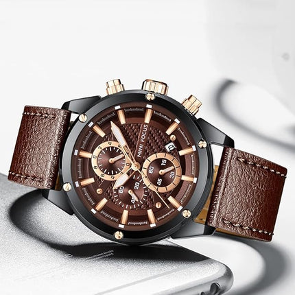 Mini Focus Men Watches Business Casual Wrist Watches (Multifunction/Waterproof/Luminous/Calendar) Genuine Leather Band Fashion Watch for Men