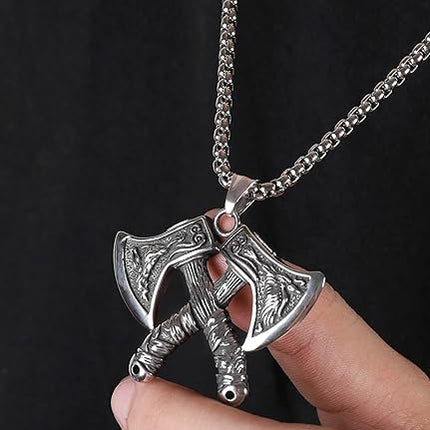 HAQUIL Viking Battle Axe Necklace, Norse Wolf Raven Axe Amulet Pendant, Viking Jewelry Gift for Men