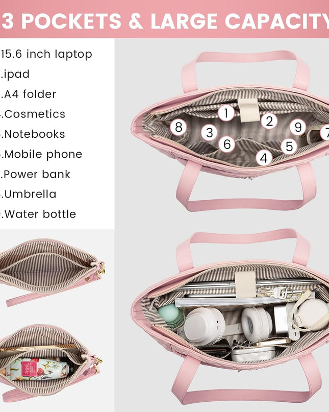 LOVEVOOK Laptop Bag for Women 15.6 inch,Diamond Quilted Work Tote Bags Womens Laptop Tote Bag Computer Shoulder Bags,Stylish Travel Tote Bag Laptop Purse Case Briefcase Handbag with Clutch Purse,Pink