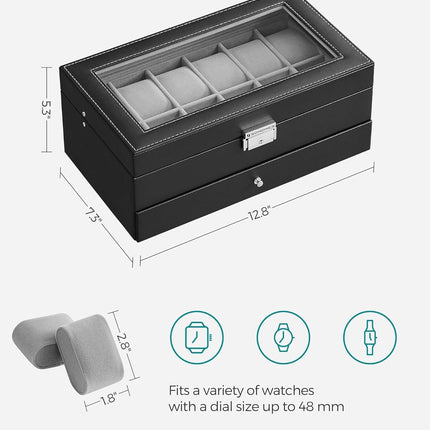 SONGMICS 12-Slot Watch Box, Lockable Watch Case with Glass Lid, 2 Layers, with 1 Drawer for Rings, Bracelets,Christmas Gift, Black Synthetic Leather, Gray Lining UJWB012