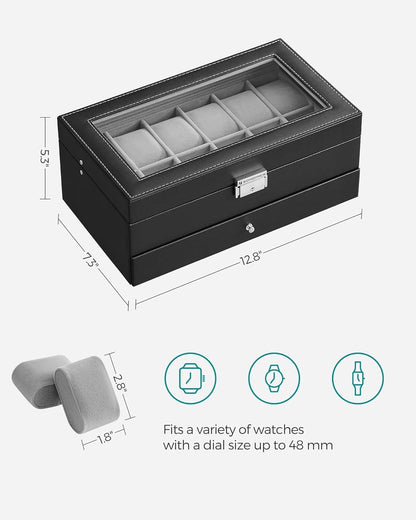 SONGMICS 12-Slot Watch Box, Lockable Watch Case with Glass Lid, 2 Layers, with 1 Drawer for Rings, Bracelets,Christmas Gift, Black Synthetic Leather, Gray Lining UJWB012