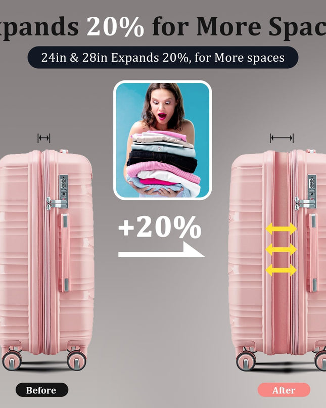 4-Piece Expandable Hardshell Luggage Set with TSA Lock (14/20/24/28) - Lightweight PP Suitcases, 360° Silent Spinner Wheels and Durable 100LB Handle for Air Travel (Pink)