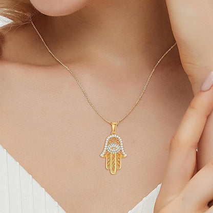 White Gold 14K Gold Plated Necklaces for Women Evil Eye Necklace for Women Girls Evil Eye Hamsa Hand of Fatima Pendant Necklace Good Luck Necklace Jewelry