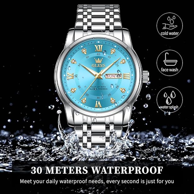 OLEVS Watch for Men Classic Business Dress Analog Quartz Stainless Steel Waterproof Luminous Date Diamond Men Silver Watch