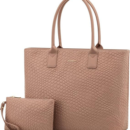 LOVEVOOK Laptop Tote Bag for Women 15.6 Inch, Woven-like Work Tote Briefcase for Business with Small Clutch, Apricot