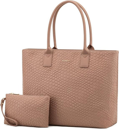 LOVEVOOK Laptop Tote Bag for Women 15.6 Inch, Woven-like Work Tote Briefcase for Business with Small Clutch, Apricot