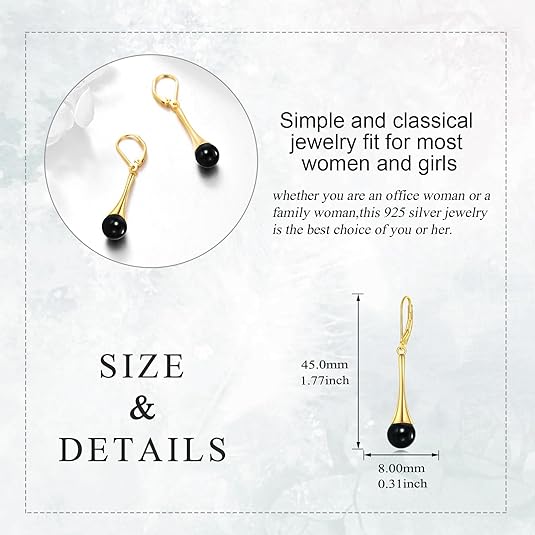 Black Onyx Drop Earrings for Women Sterling Silver 18K Yellow Gold Plated Filigree Black Onyx Dangle Leverback Earrings Jewelry Gifts for Girls