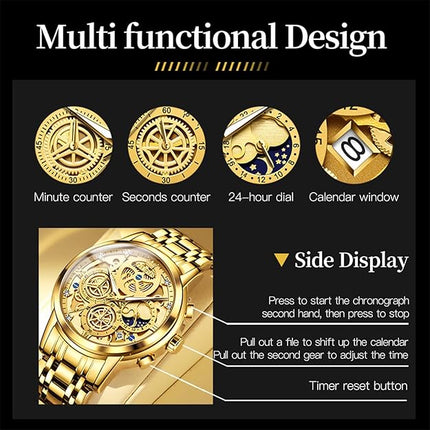 OLEVS Skeleton Watch Men Luxury Analog Mens Watches Large Face Waterproof Dress Watches for Men Diamond Chronograph Stainless Steel Men's Wrist Watch Reloj para Hombre Gold