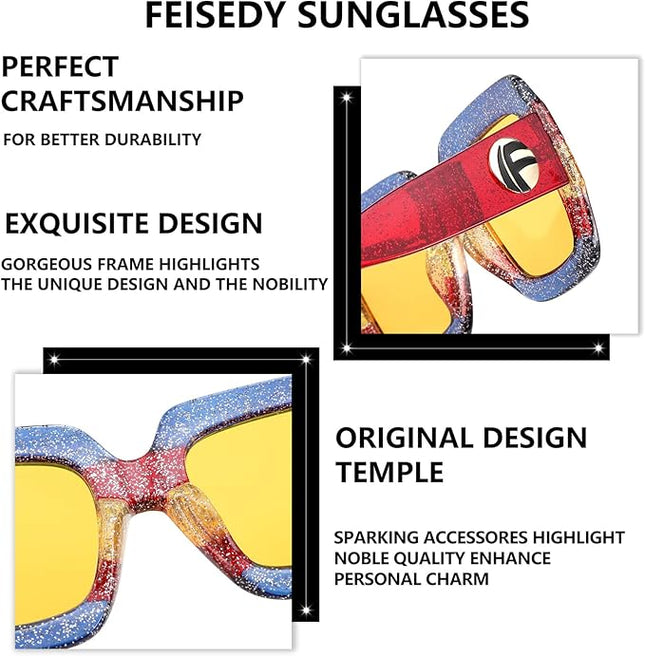 FEISEDY Retro Trendy Square Sunglasses for Women Oversized Stylish Inspired Shades Vintage Desinger Sunglasses B2276